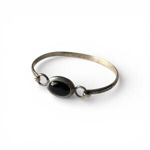 VTG Oval Onyx 925 Sterling Silver Bangle Bracelet - SX Thailand - Tarnished